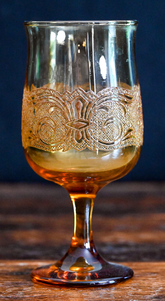 Libbey Americana Amber goblet with texture and etching