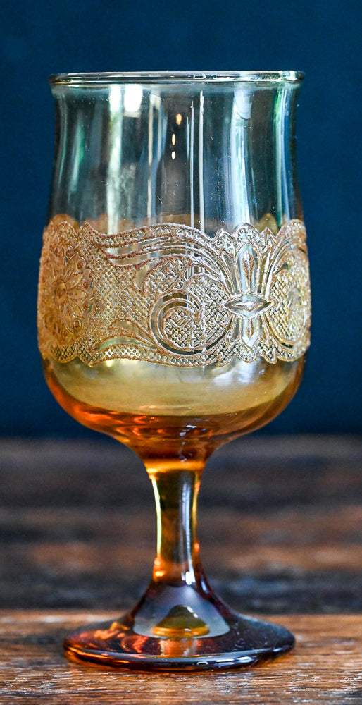 Libbey Americana Amber goblet with texture and etching