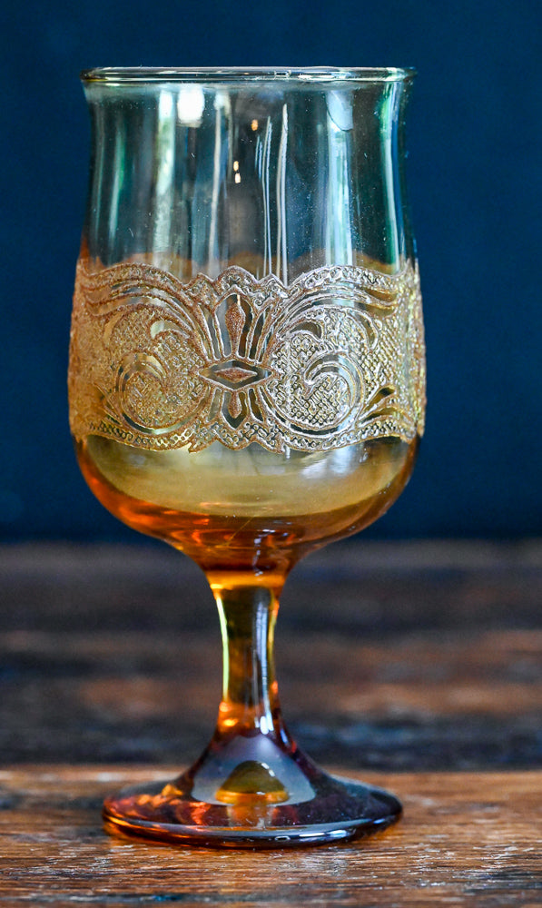 Libbey Americana Amber goblet with texture and etching