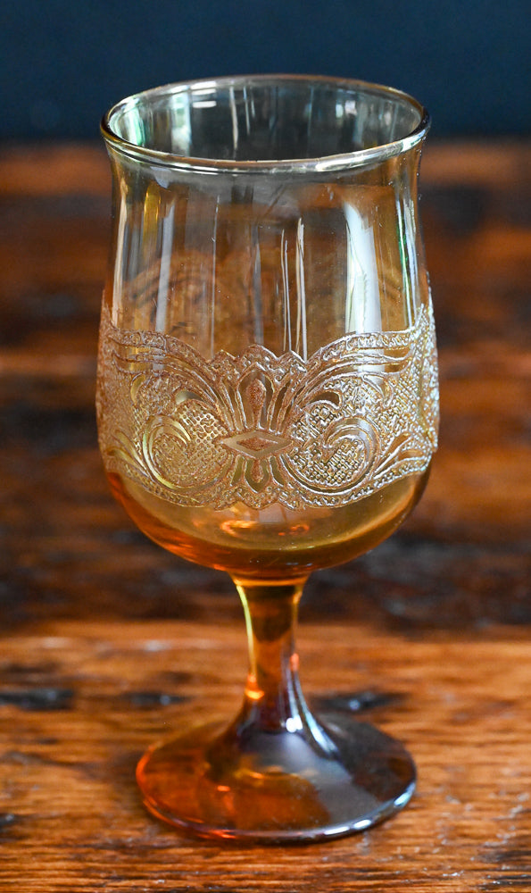 Libbey Americana Amber goblet with texture and etching