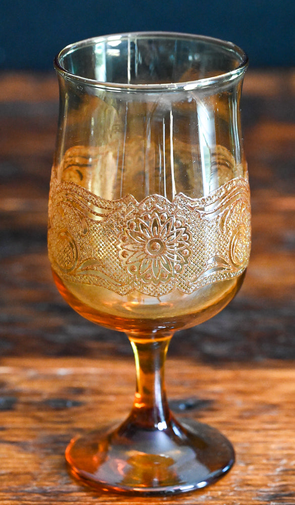 Libbey Americana Amber goblet with texture and etching