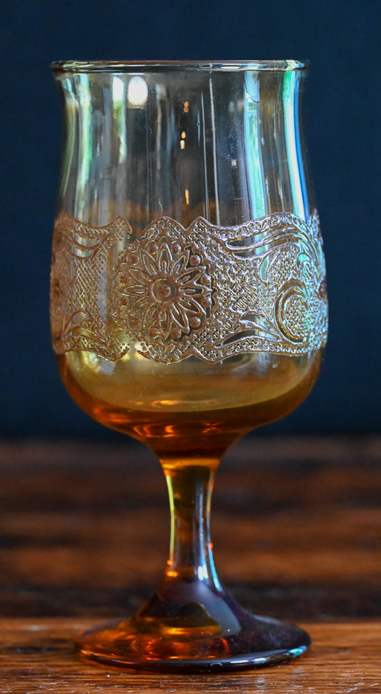 Libbey Americana Amber goblet with texture and etching