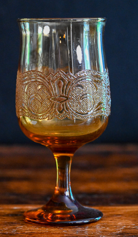 Libbey Americana Amber goblet with texture and etching