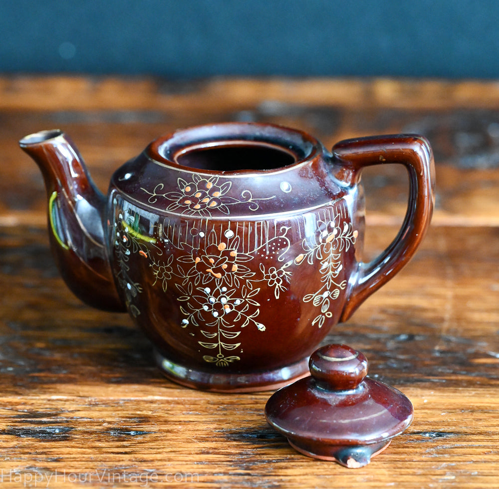 brown floral hand painted Redware Japanese Teapot