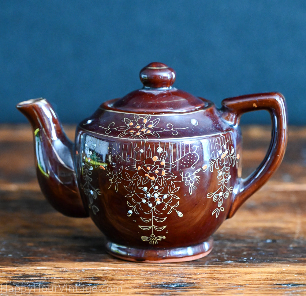 brown floral hand painted Redware Japanese Teapot