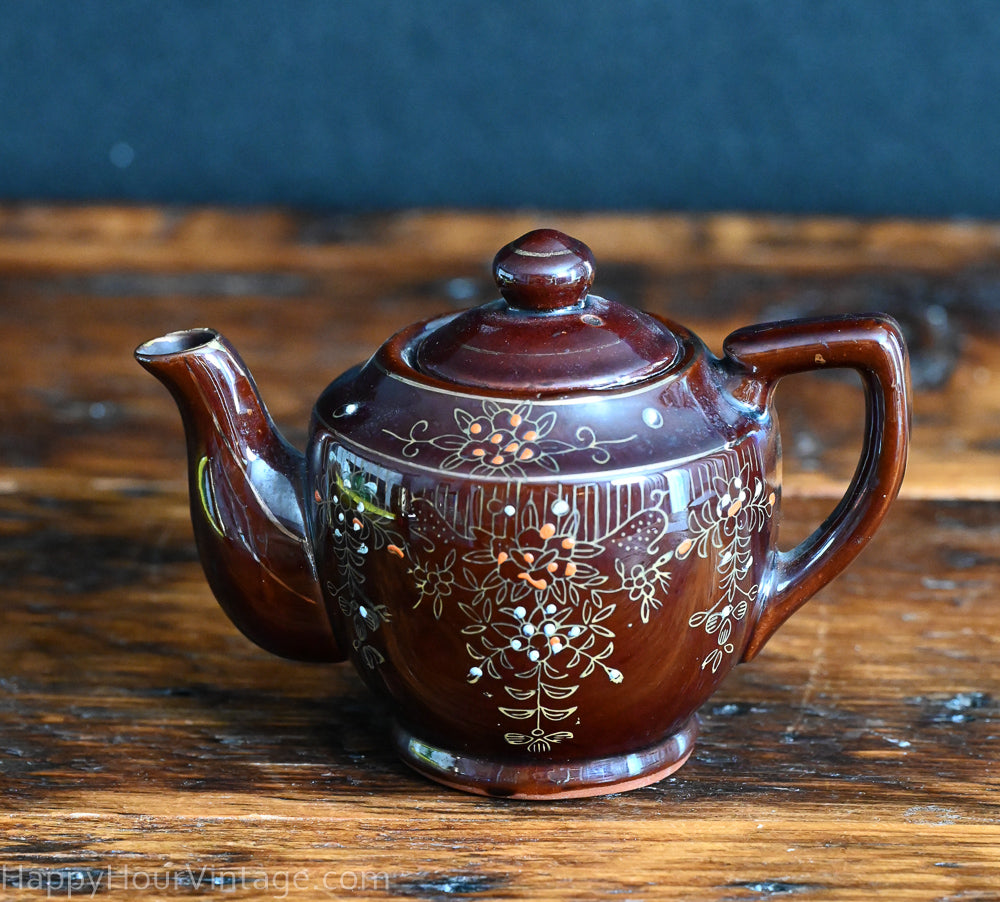 brown floral hand painted Redware Japanese Teapot