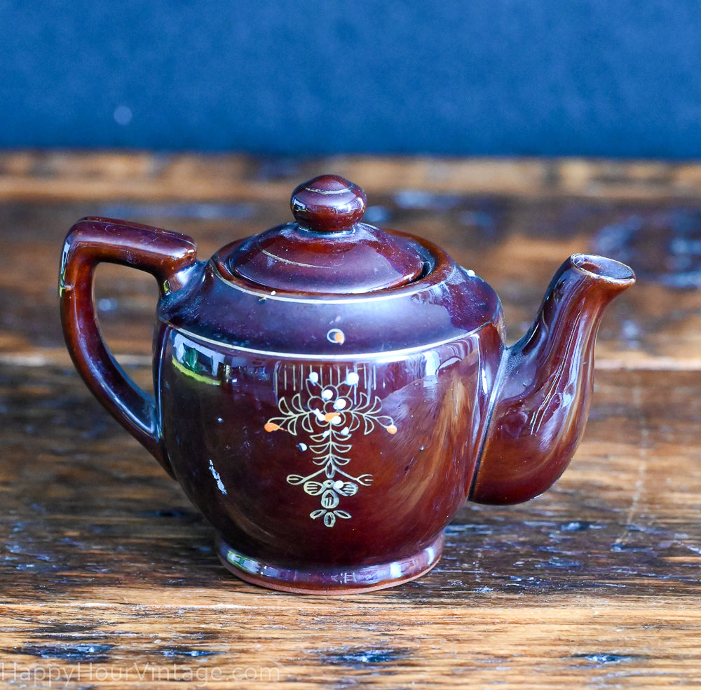 brown floral hand painted Redware Japanese Teapot