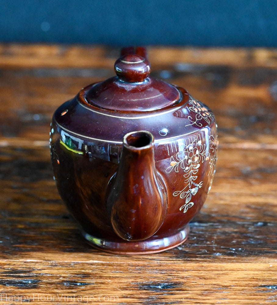 brown floral hand painted Redware Japanese Teapot