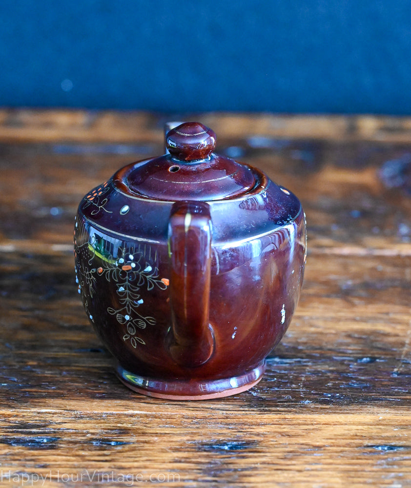 brown floral hand painted Redware Japanese Teapot