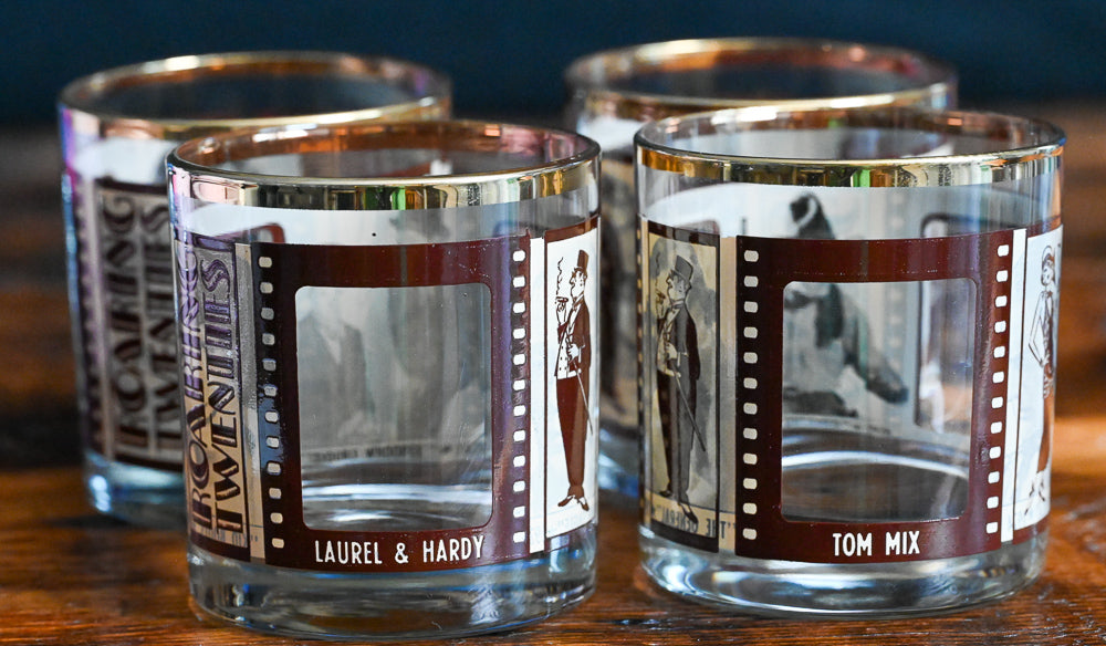 roaring twenties film print rocks glasses in brown and tan