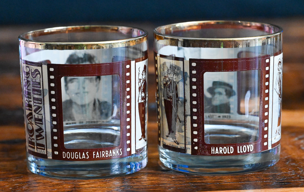 roaring twenties film print rocks glasses in brown and tan