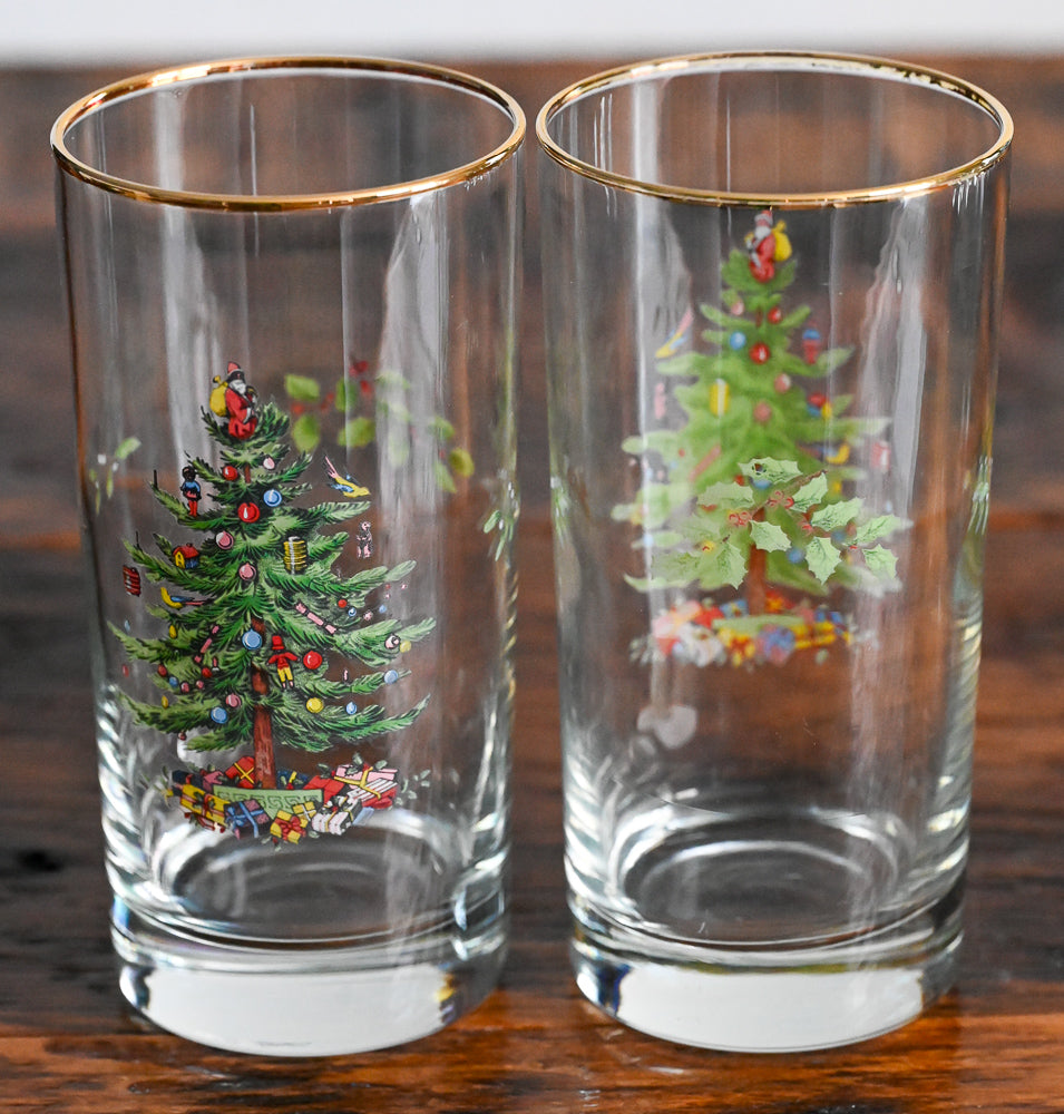 gold rim Spode highball with Christmas tree