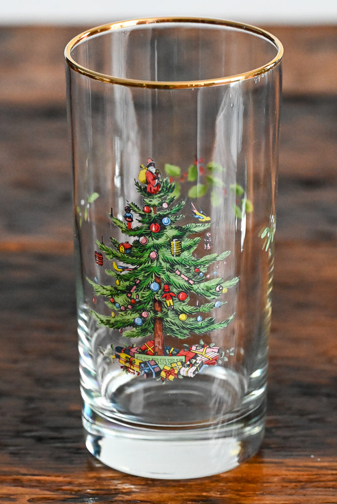 gold rim Spode highball with Christmas tree