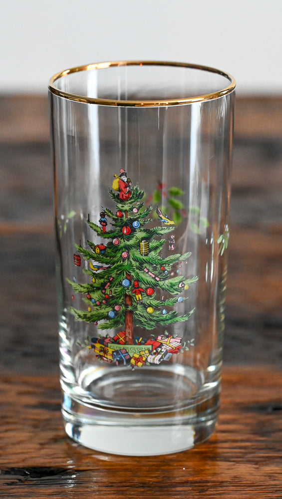 gold rim Spode highball with Christmas tree