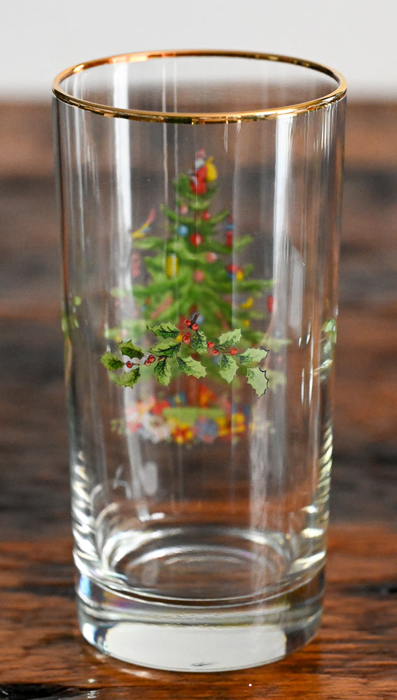 gold rim Spode highball with Christmas tree