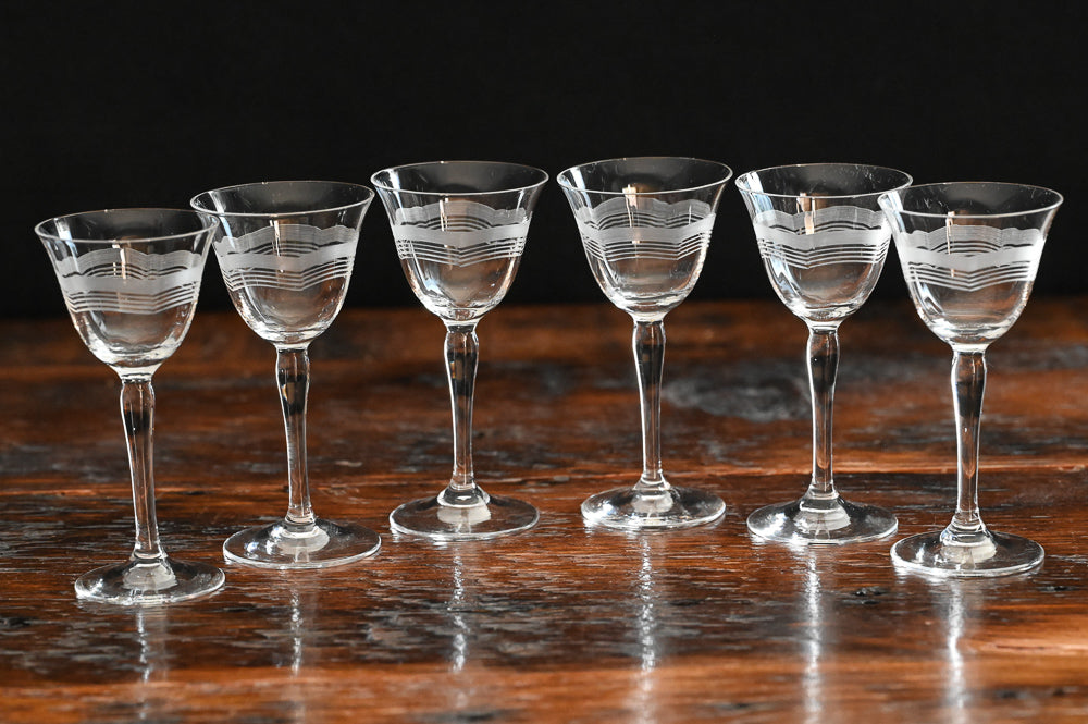 wave etched and frosted cordial glasses
