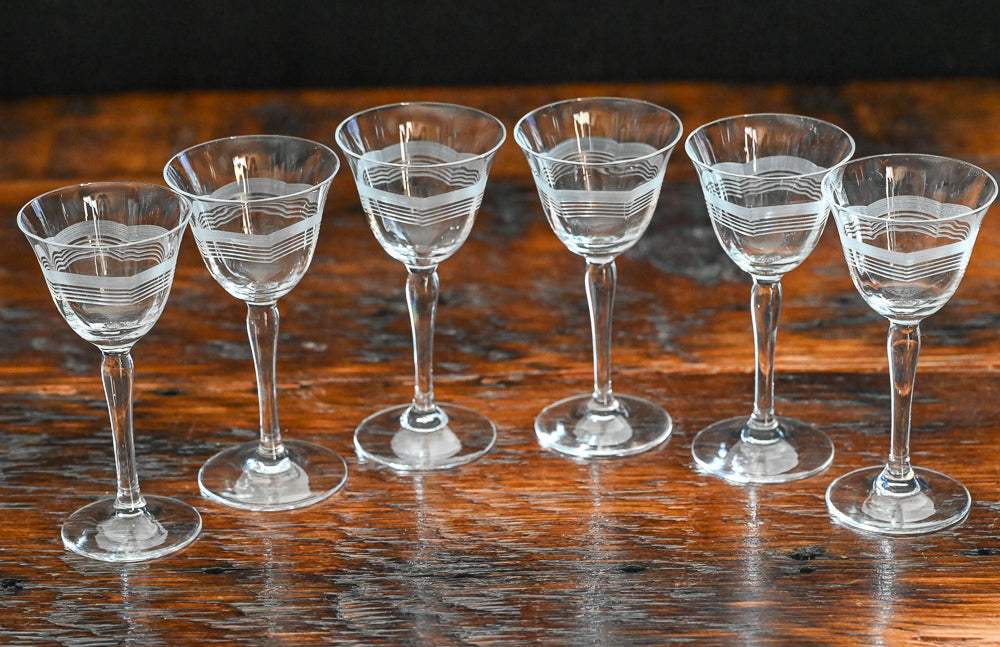 wave etched and frosted cordial glasses