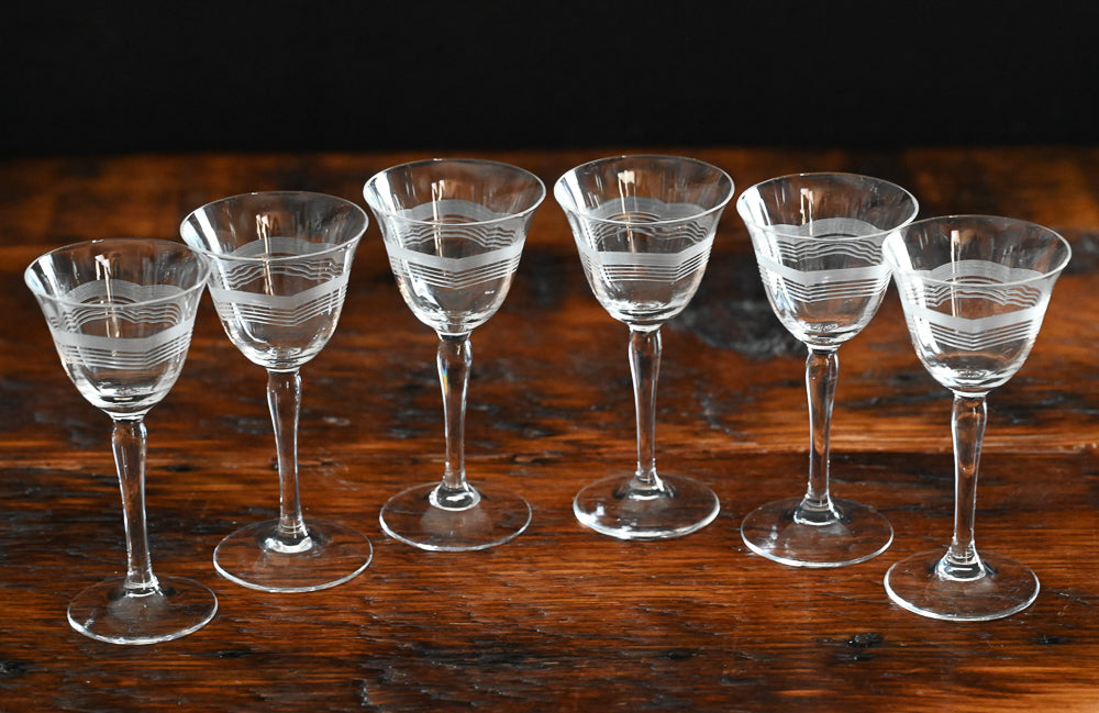 wave etched and frosted cordial glasses