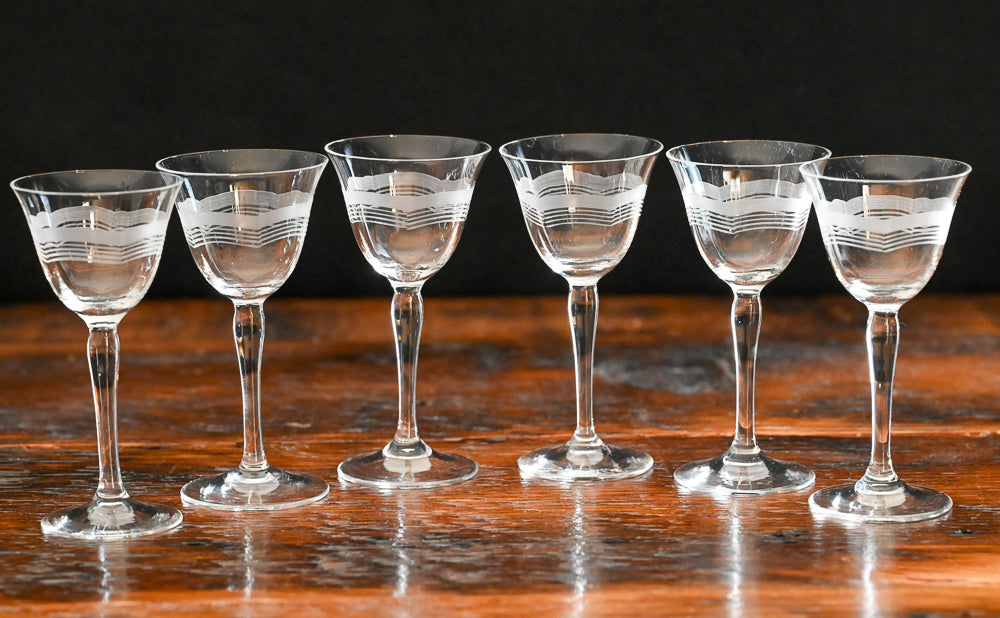 wave etched and frosted cordial glasses