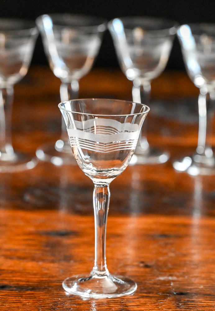 wave etched and frosted cordial glasses