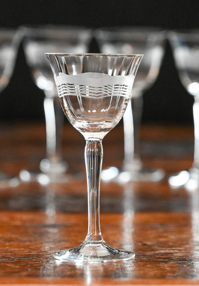 wave etched and frosted cordial glasses