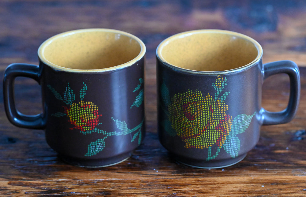 vintage brown mugs with tan insides, printed colored flowers