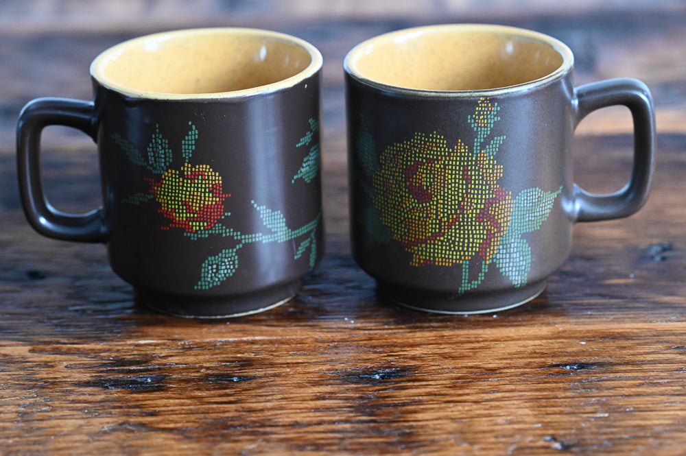 vintage brown mugs with tan insides, printed colored flowers