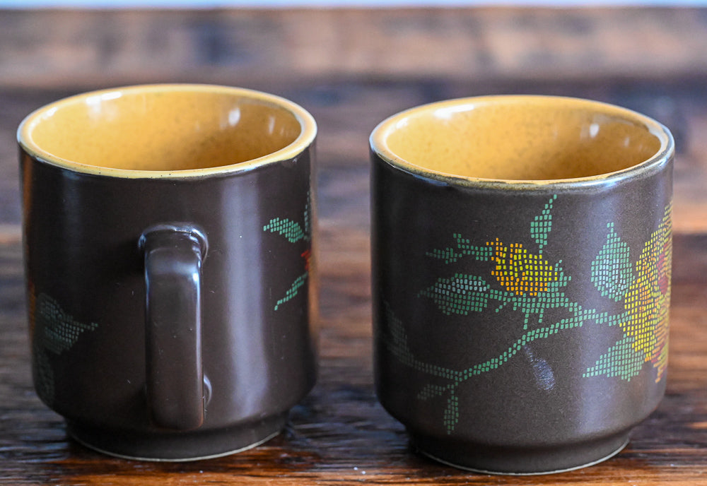 vintage brown mugs with tan insides, printed colored flowers