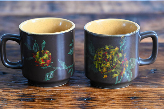 vintage brown mugs with tan insides, printed colored flowers