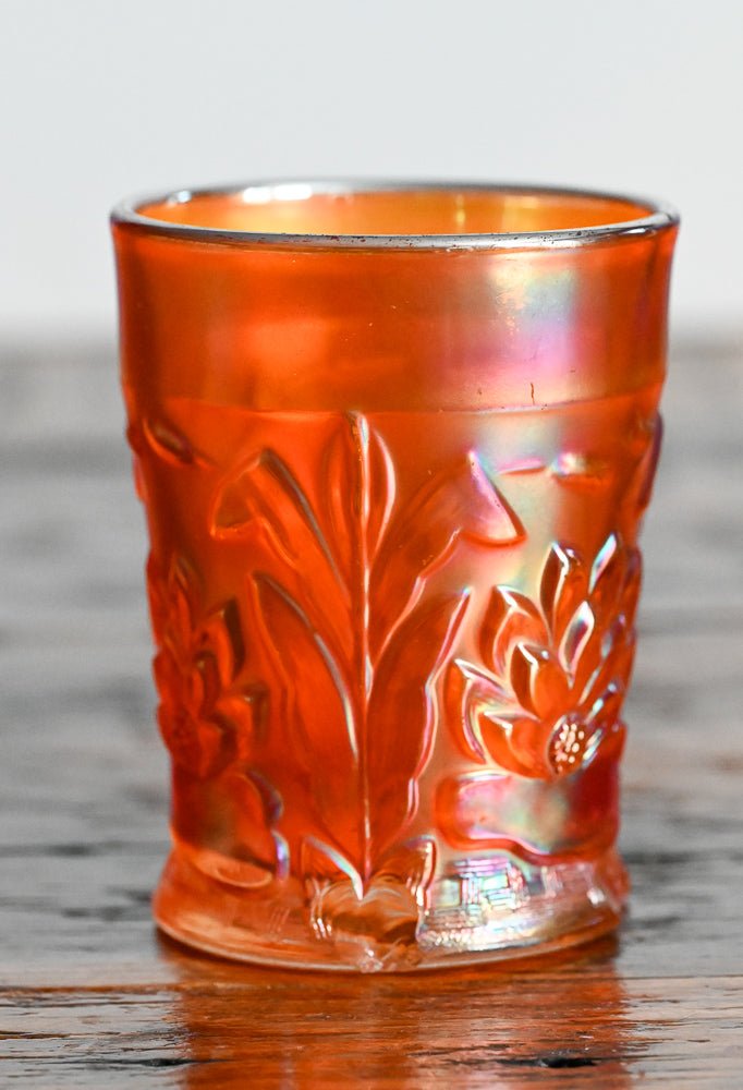 marigold Carnival glass tumbler - Waterlily and Cattails