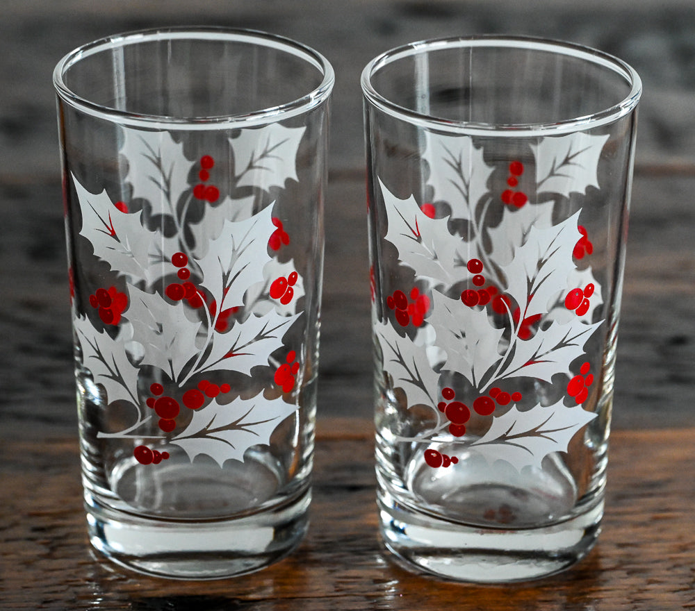 white leaves, red holly berries highball glasses