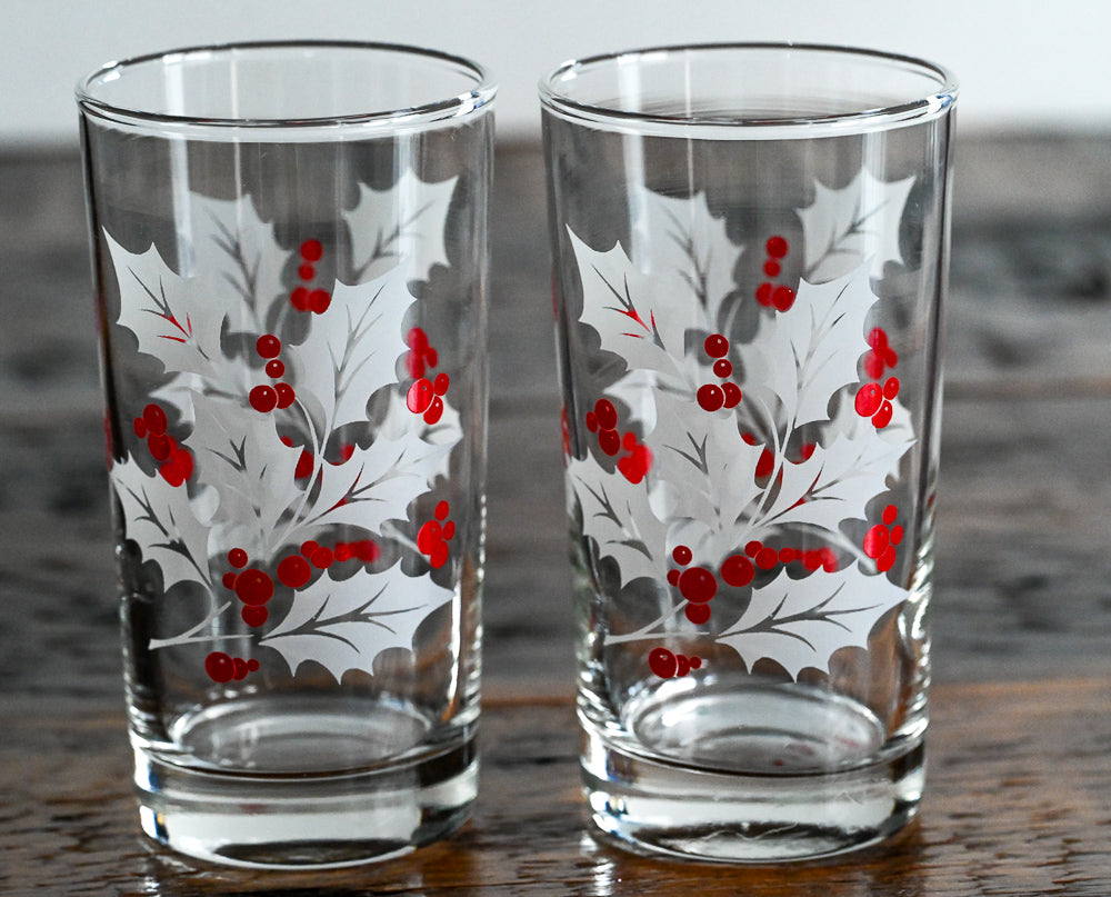 white leaves, red holly berries highball glasses