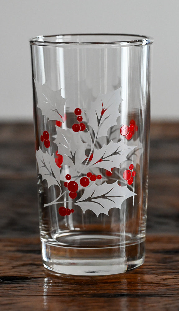 white leaves, red holly berries highball glasses