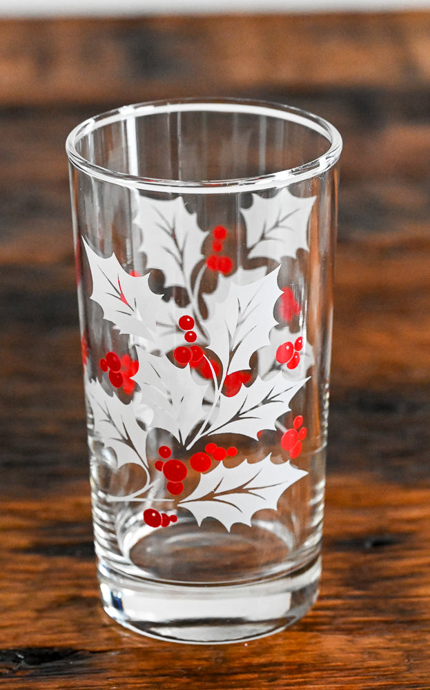 white leaves, red holly berries highball glasses