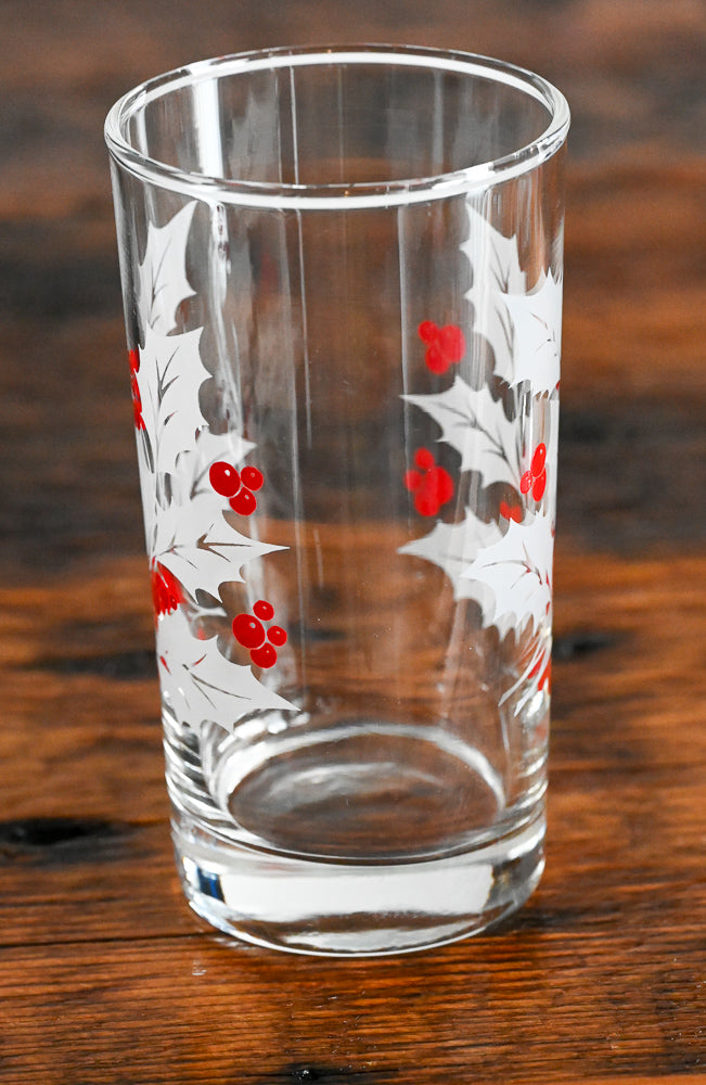 white leaves, red holly berries highball glasses