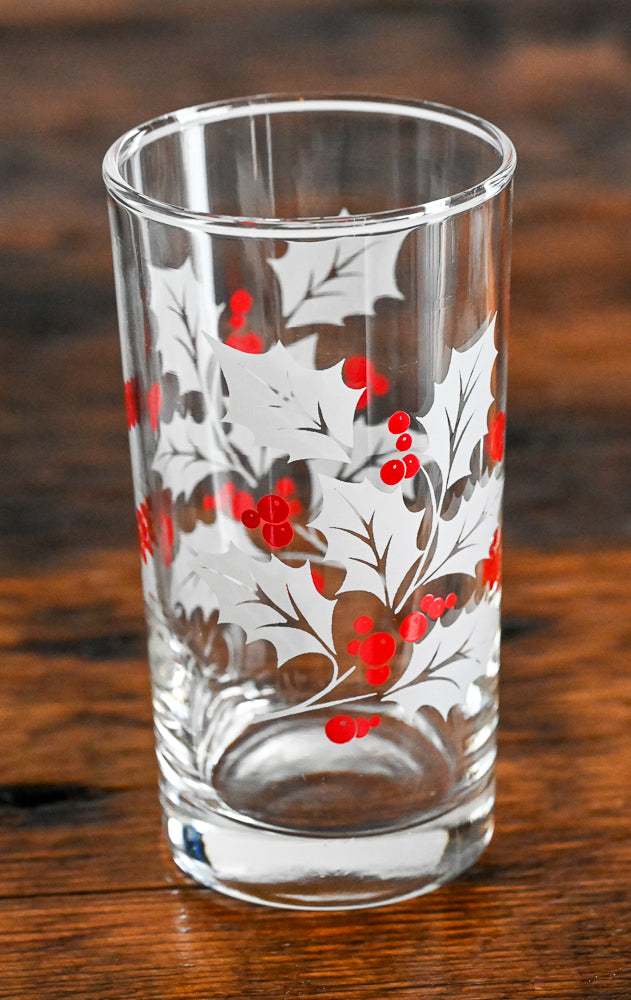 white leaves, red holly berries highball glasses