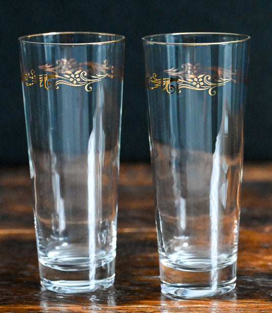 Homer Laughlin Gold Crown Gold Rim tall highball glasses