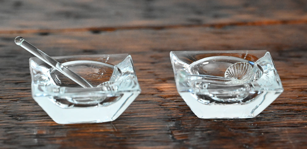 Vintage Square Glass Salt Cellars, Shell Salt Spoons