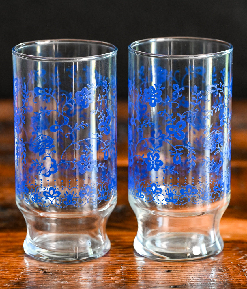 blue floral Libbey water glass