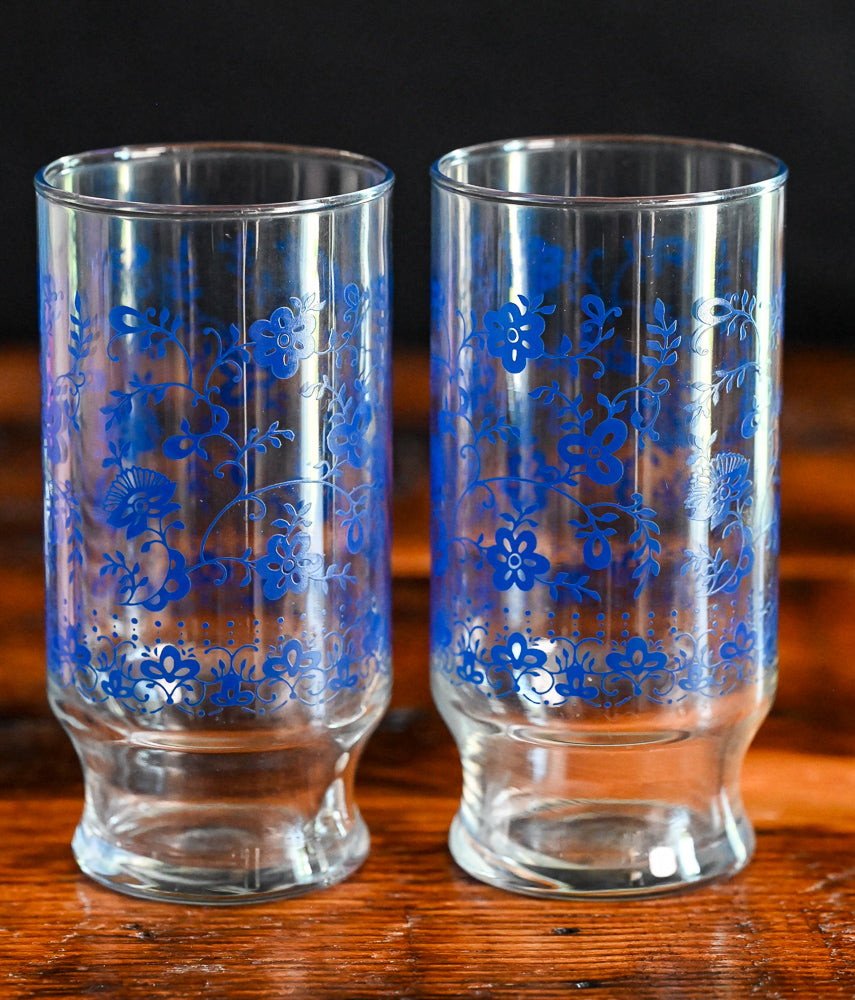 blue floral Libbey water glass