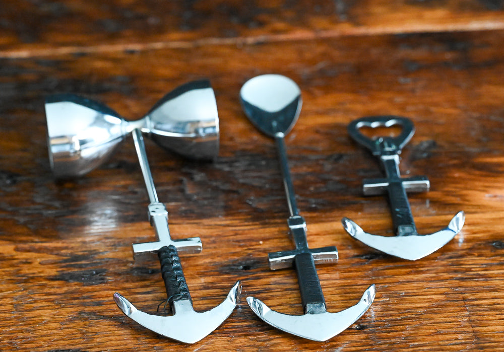 Anchor shaped bar spoon, jigger and bottle opener set