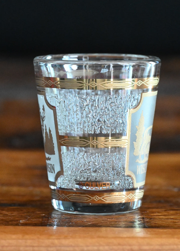 Culver Wisconsin frosted and 22K gold print 1970s shot glass