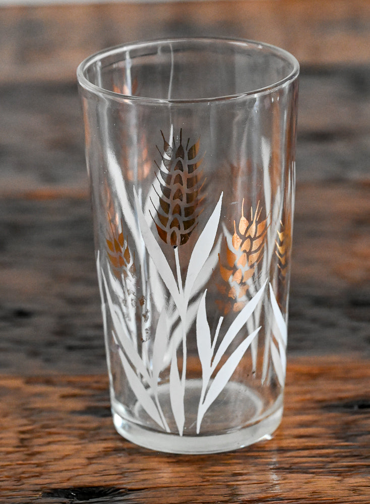 glass with gold and white wheat print