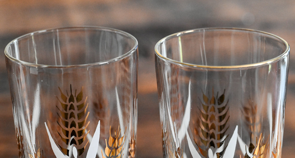 glasses with gold and white wheat print