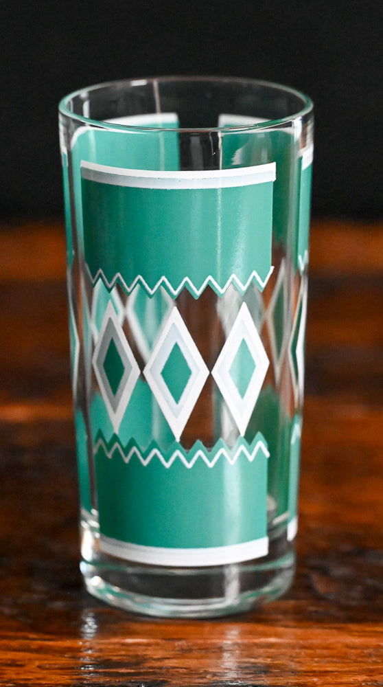 teal and white Hazel Atlas Teal Diamond Tumbler Glass