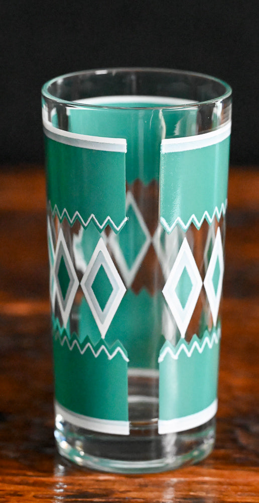 teal and white Hazel Atlas Teal Diamond Tumbler Glass