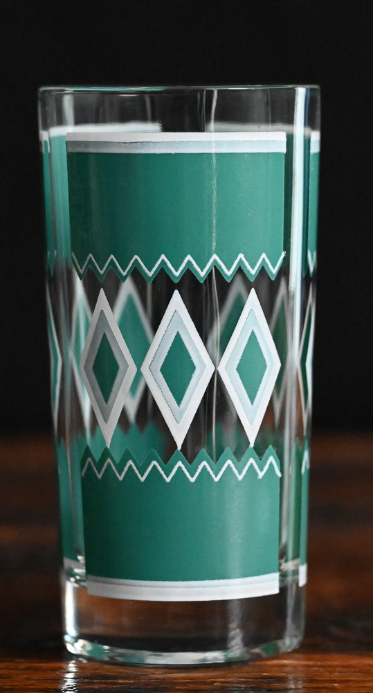 teal and white Hazel Atlas Teal Diamond Tumbler Glass