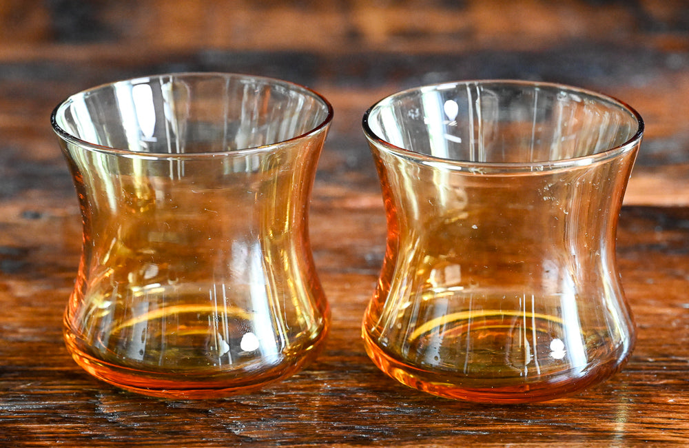 Vintage Amber Glass Lowball Curved Glasses