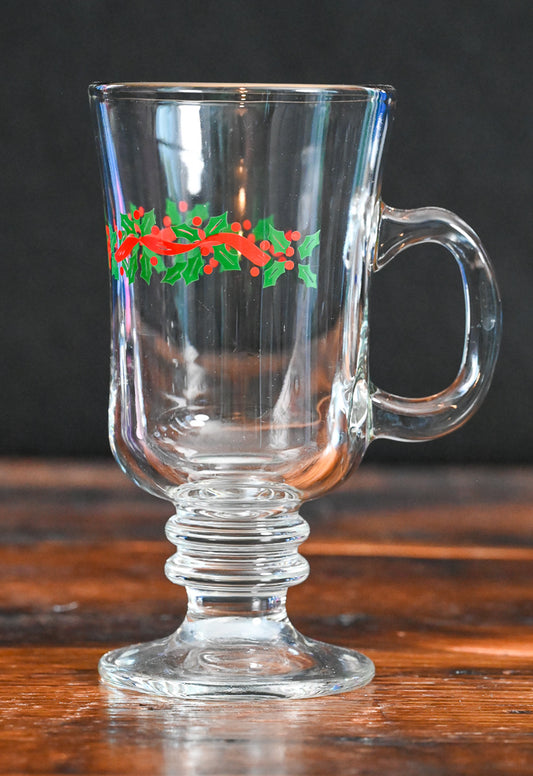 Libbey green holly berry and red ribbon print coffee mug with gold rim