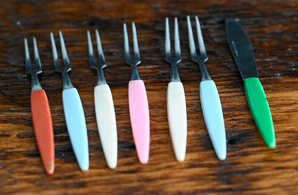 different color hors d'oeuvres 2 prong forks and green handled knife MCM set